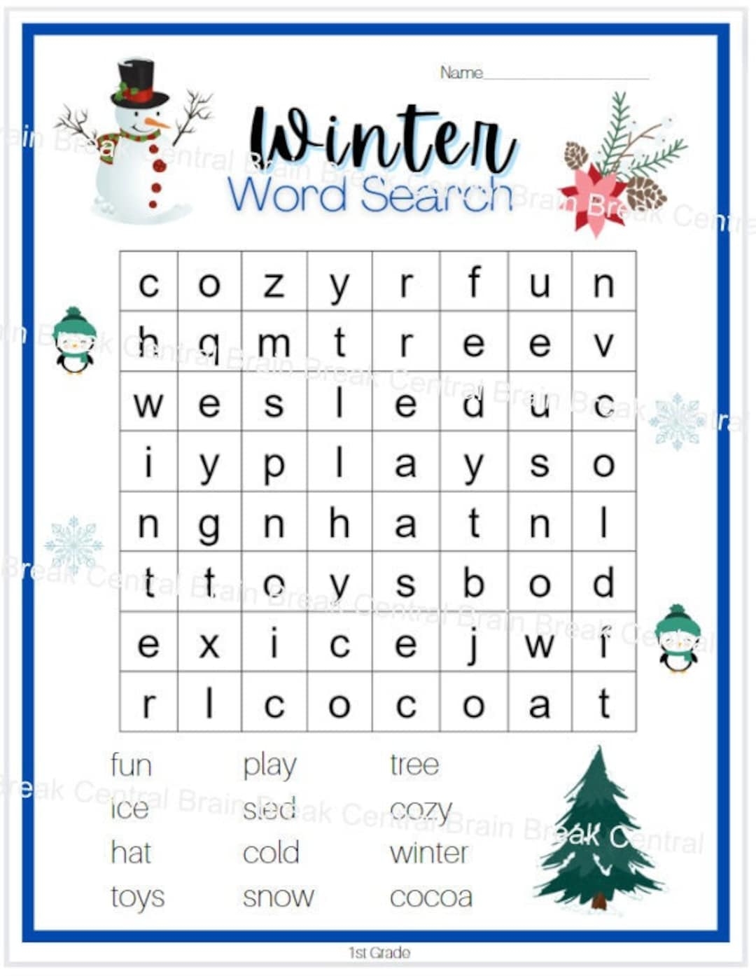 1st Grade Winter Word Search With Answer Key Printable Etsy Israel