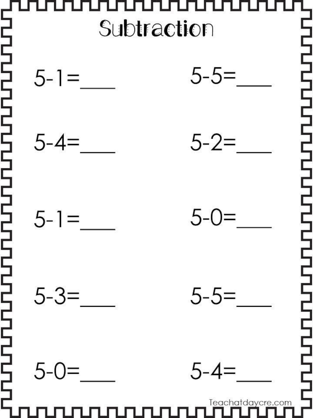 20 Printable Subtraction Worksheets Numbers 1 10 Preschool 1st Grade Math Etsy Sweden
