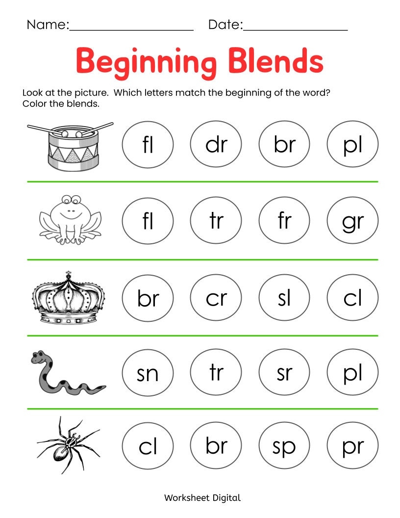 Beginning Blends Worksheets Kindergarten Preschool printable PDF Etsy
