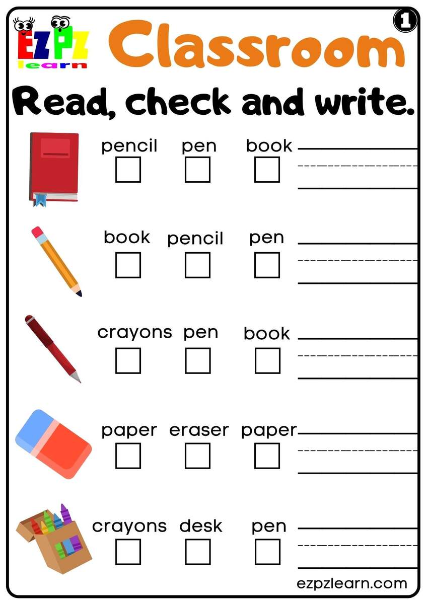 Classroom Objects Read Check And Write Set 1 Ezpzlearn Classroom Objects Read Check And Write Set 1 Ezpzlearn