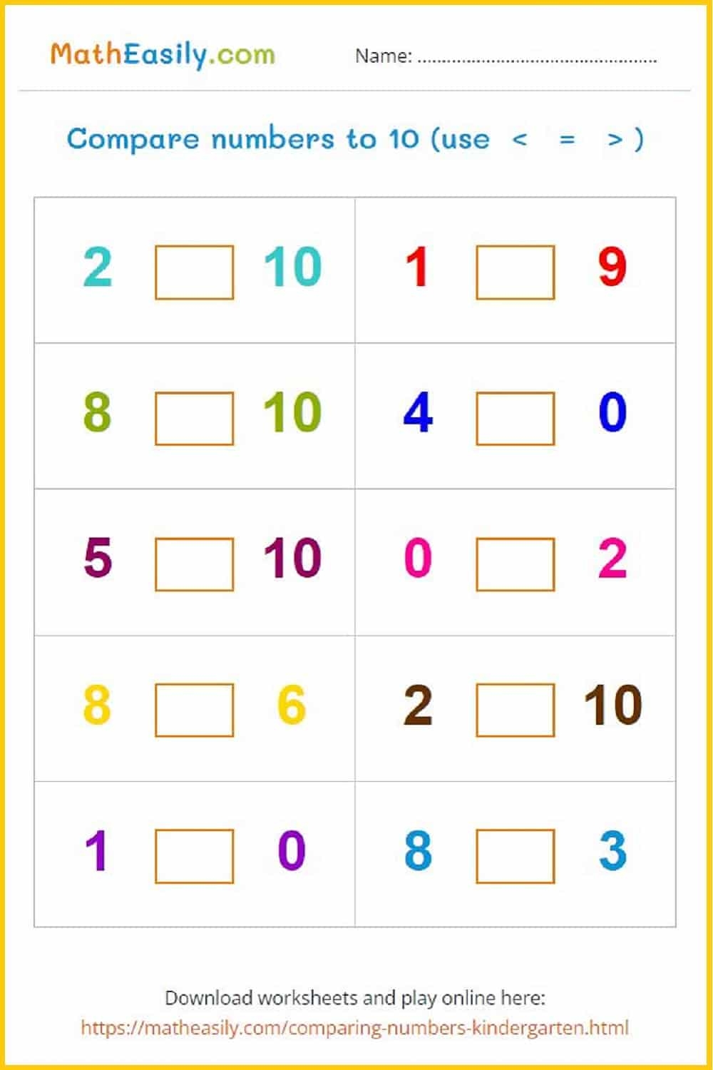 Kindergarten Comparing Numbers Worksheets