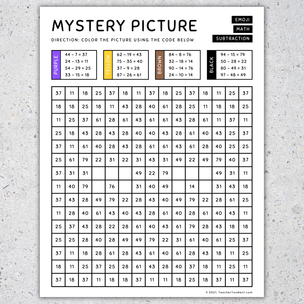 Emoji Mystery Picture Subtraction Color By Number Back To School Made By Teachers