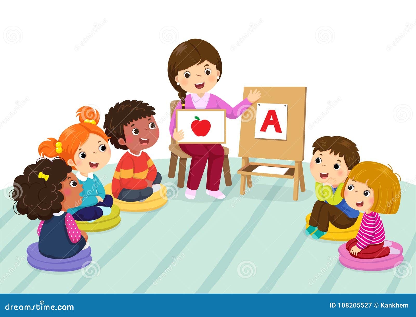 Group Of Preschool Kids And Teacher Sitting On The Floor Teacher Explaining Alphabet To Children Stock Vector Illustration Of Kindergarten Friend 108205527