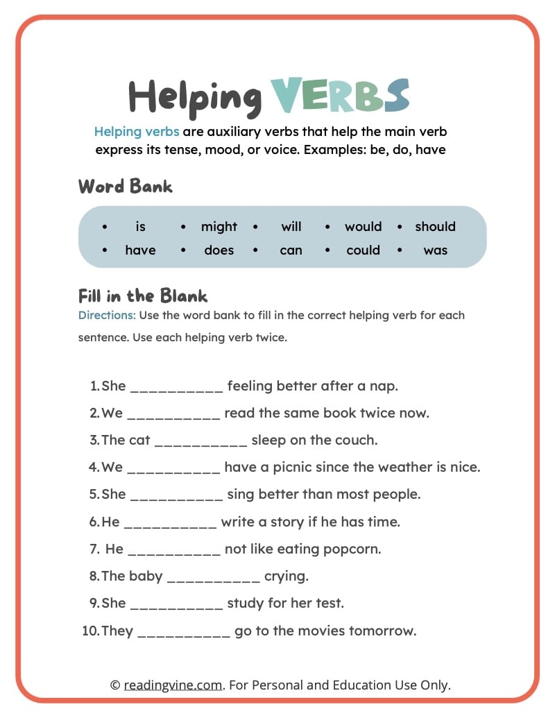 Helping Verbs Worksheets Definition Examples ReadingVine Helping Verbs Worksheets Definition Examples ReadingVine