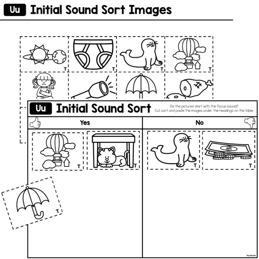 Initial Sound Sort Activity Letter U Top Teacher