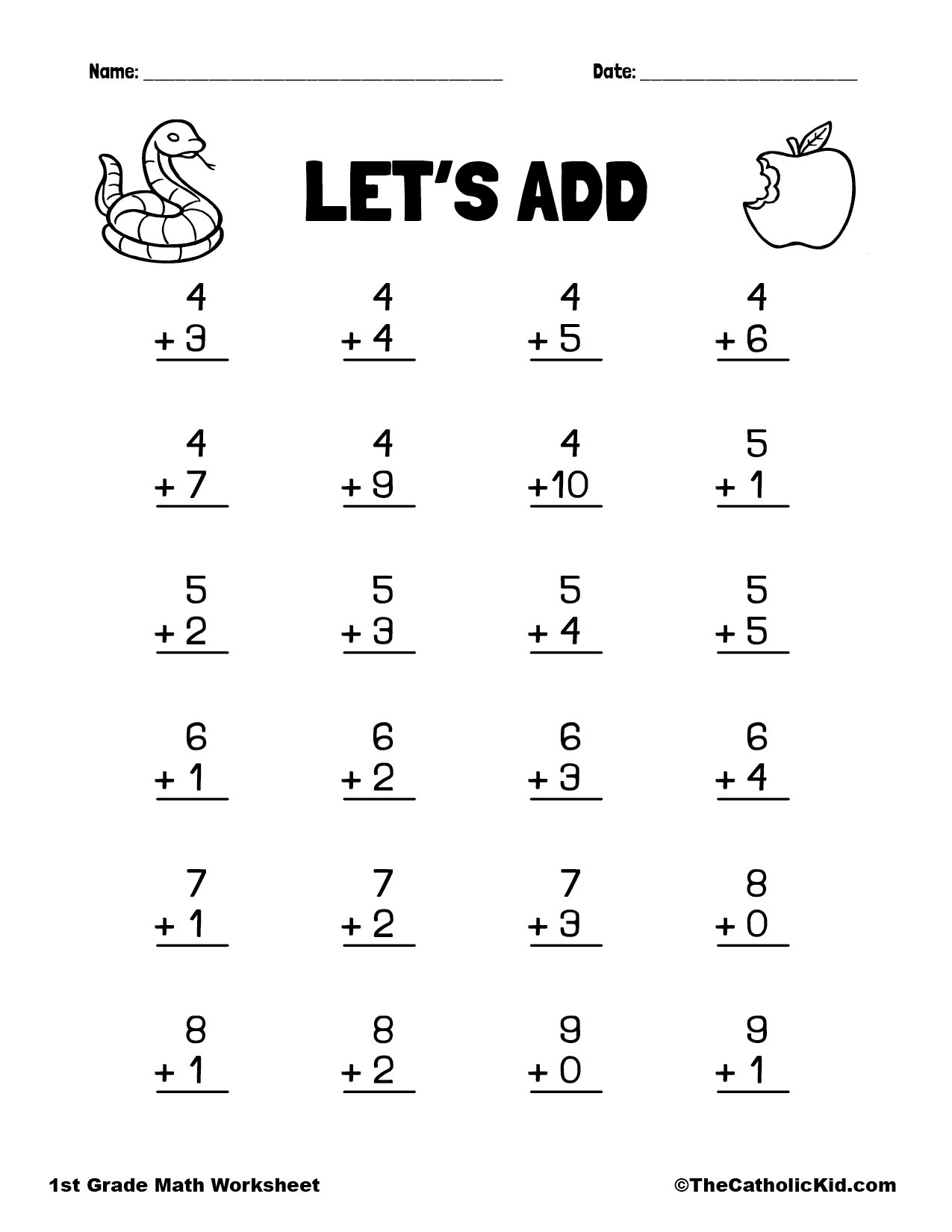 Let S Add 1st Grade Addition Catholic Worksheet TheCatholicKid Practice Addition Subtraction 1st Grade Math Worksheet Catholic TheCatholicKid