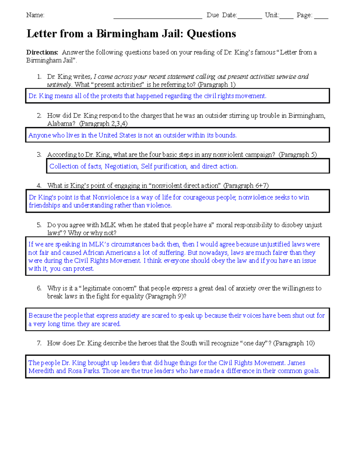 Letter From Birmingham Jail Questions Analysis Reflection NG Studocu