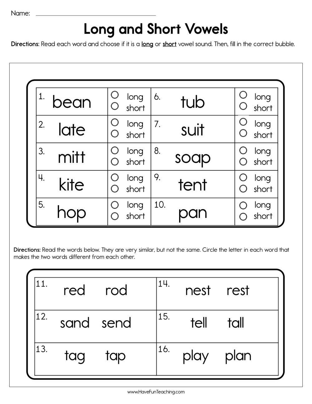 Long And Short Vowels Worksheet Have Fun Teaching Identifying Long And Short Vowel Sounds Worksheets For Kindergarten Teaching Resources