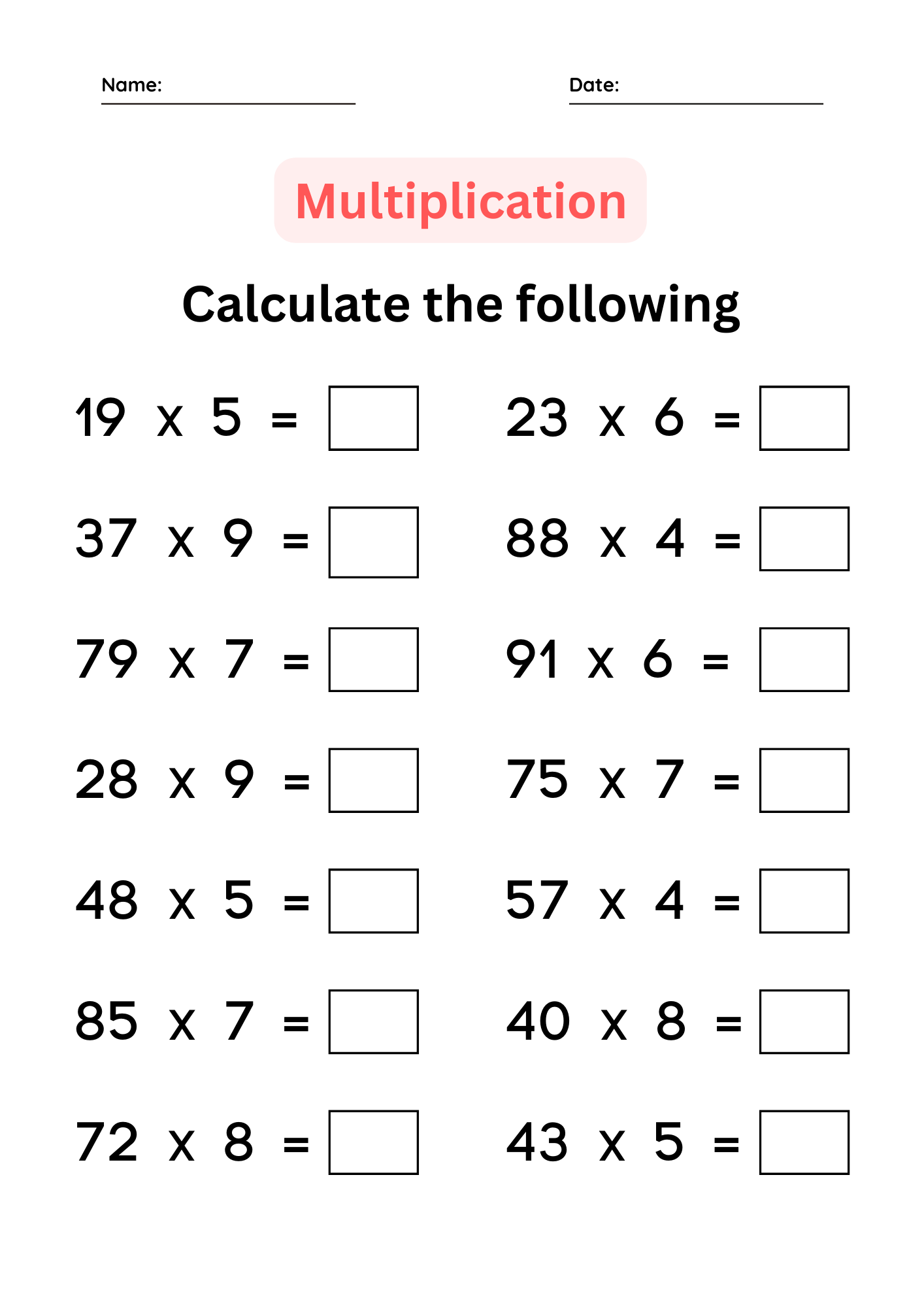 Free Multiplication Worksheet To Use And Print Canva