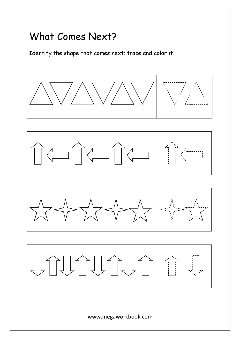 Pattern Identification What Comes Next Worksheets For Preschool Kindergarten MegaWorkbook Customize 1 862 Kindergarten Math Worksheets Templates Online Canva
