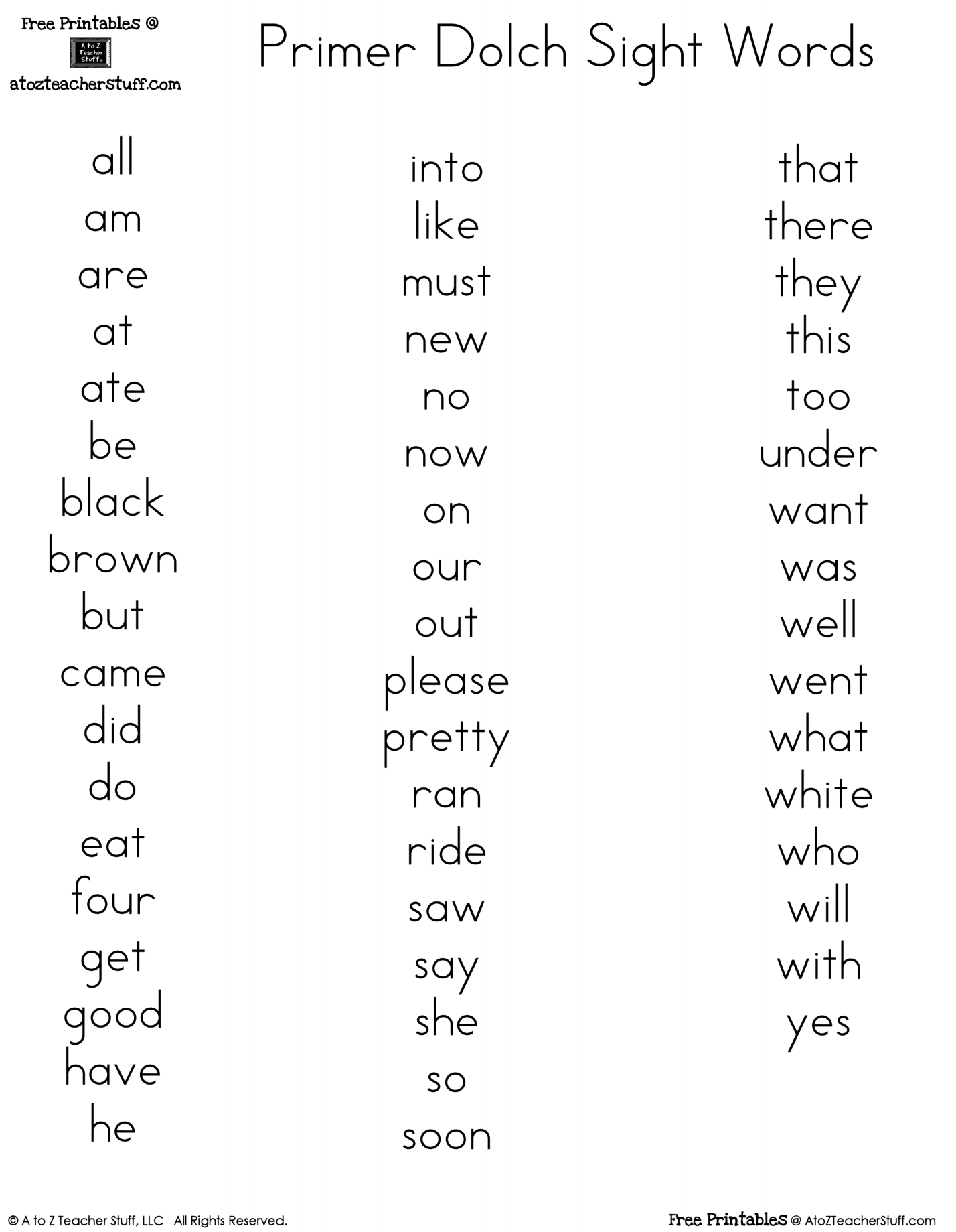 Primer Dolch Sight Word Printables A To Z Teacher Stuff