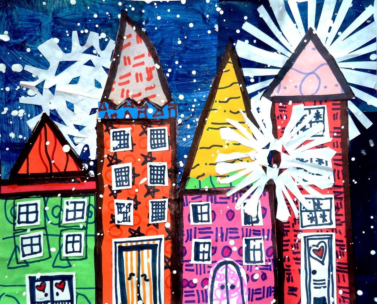 Snowflake Collage Villages And Bringing Joy Into The Art Room Artful Artsy Amy Snowflake Collage Villages And Bringing Joy Into The Art Room Artful Artsy Amy