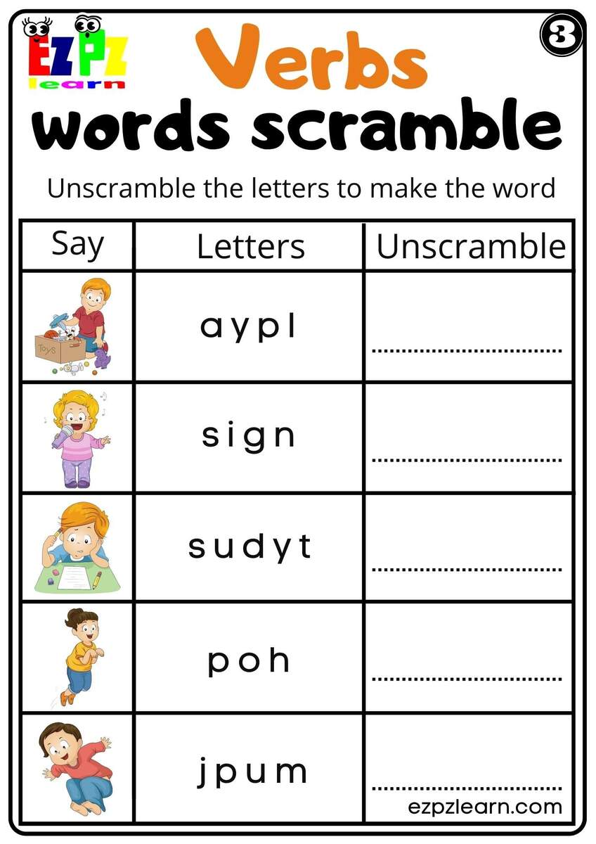 Verbs Words Scramble Easy Worksheet For K5 And ESL Students PDF Download Set 3 Ezpzlearn