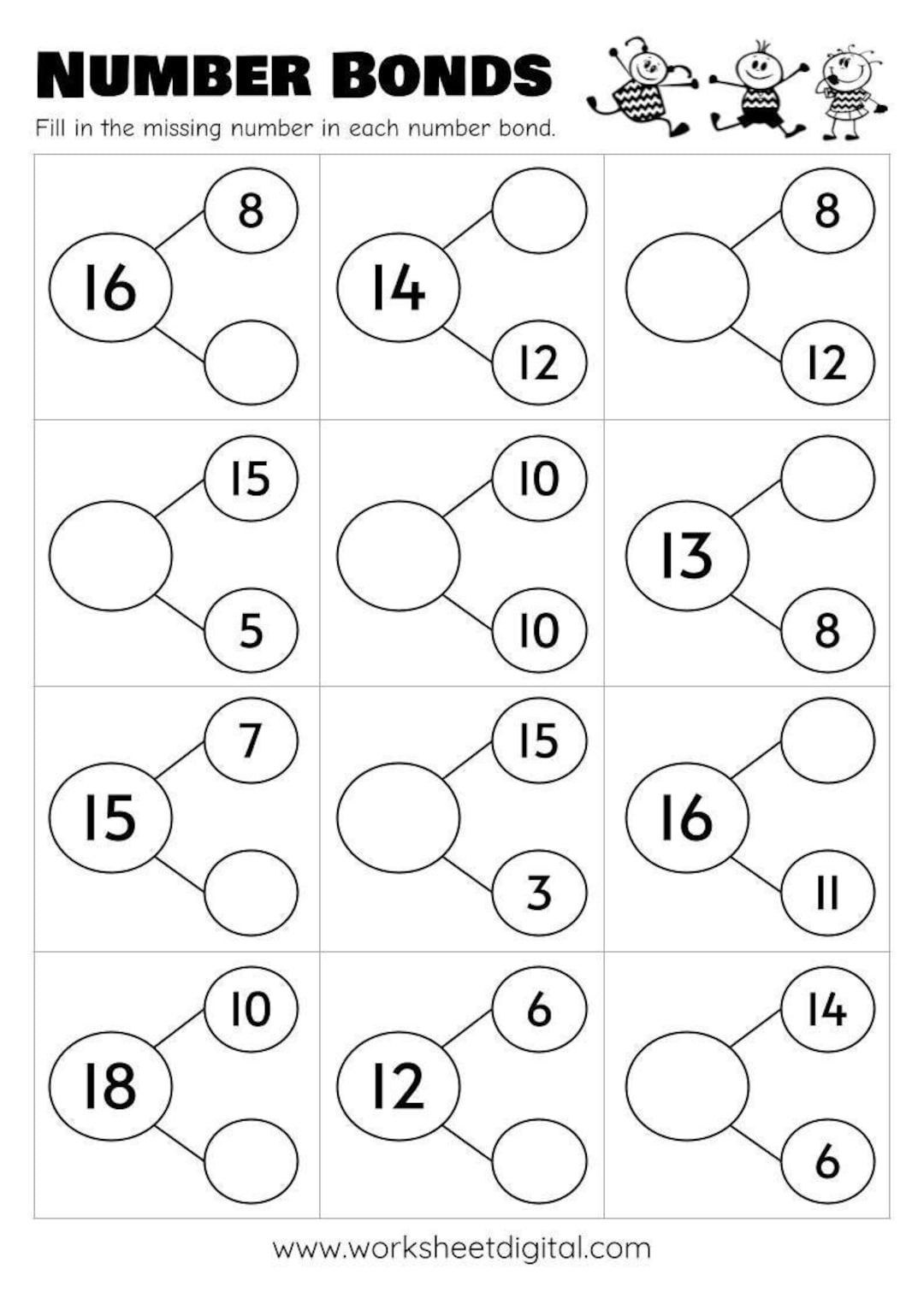 10 Printable Number Bonds Math Worksheets Numbers 1 To 20 Kindergarten First Grade Homeschool Etsy Sweden Number Bonds To 10 With Dots K Grade PDF Addition Worksheets Cazoom Math