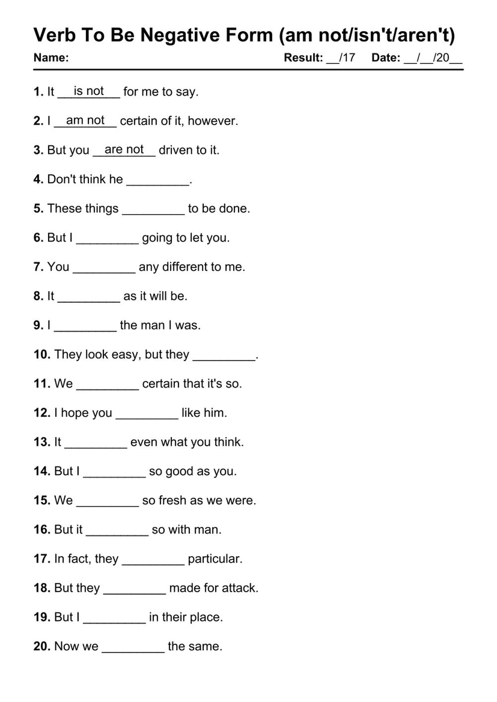 101 Verb To Be Negative PDF Worksheets With Answers Grammarism