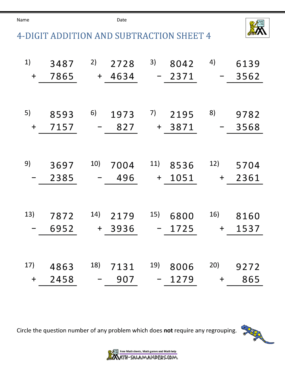Addition Regrouping Worksheet 4th Grade