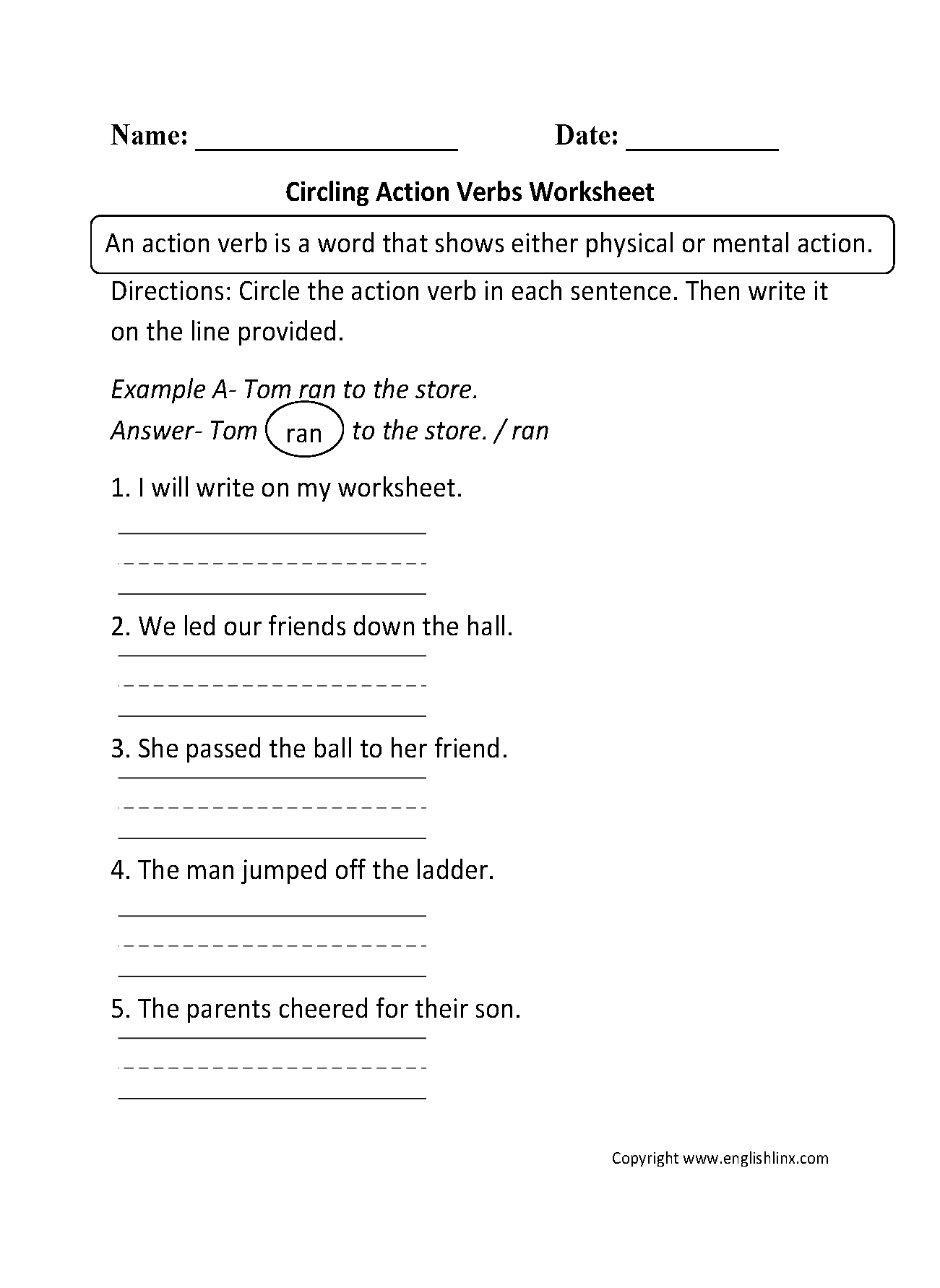 Action Verbs Worksheets Circling Action Verbs Worksheet