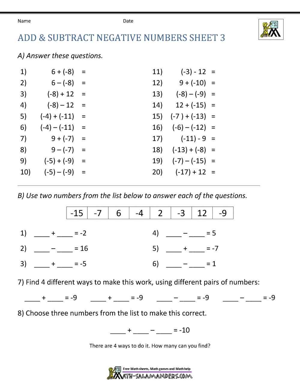 Adding Positive And Negative Numbers