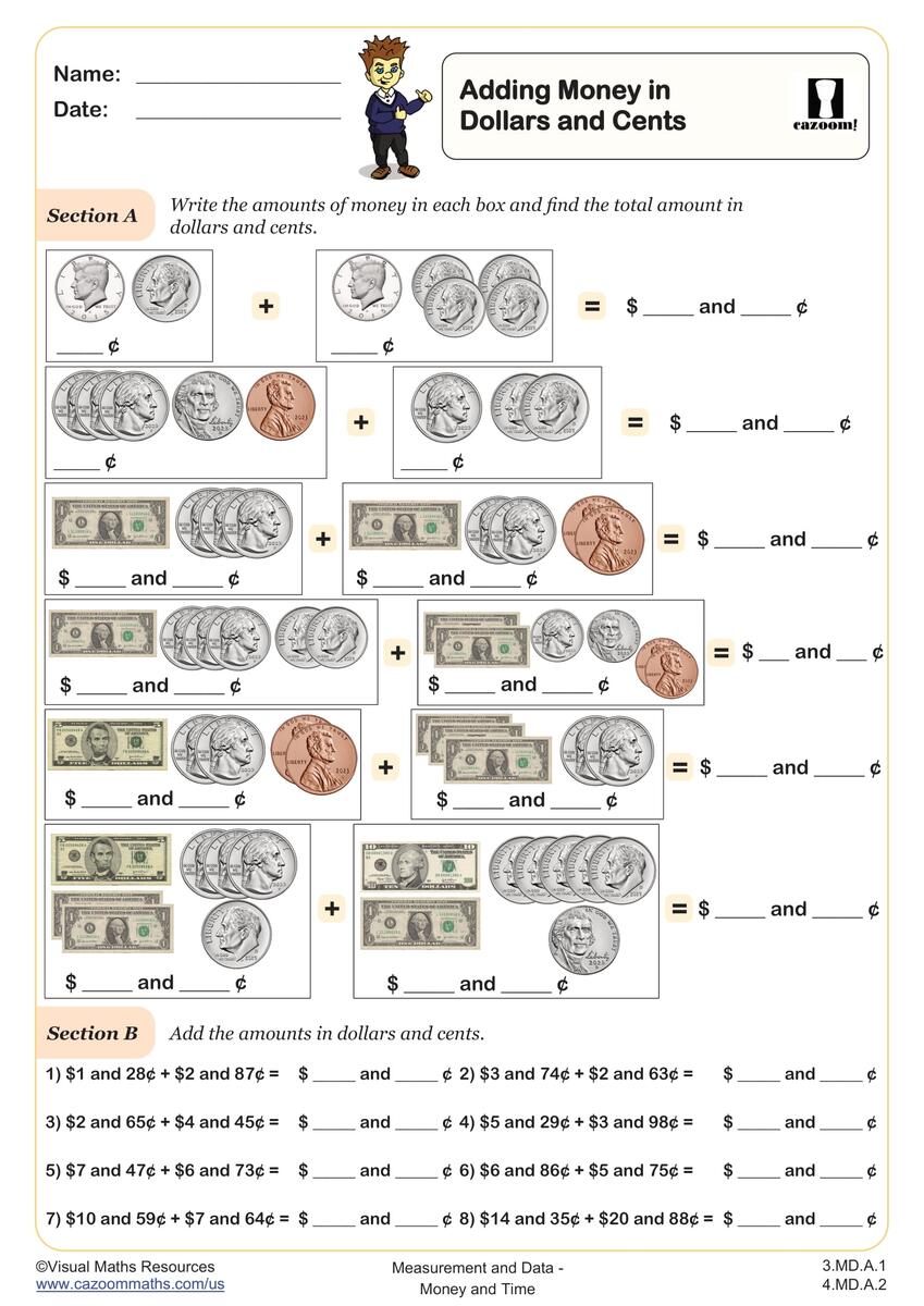 Adding Money In Dollars And Cents Worksheet Fun And Engaging 3rd Grade And 4th Grade Measurement And Data Worksheet Cazoom Math Money Addition Worksheets UK Money