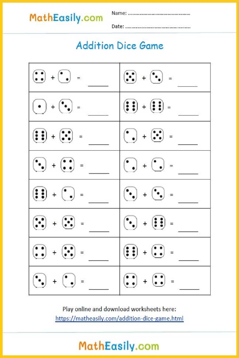 Addition Dice Games PRINTABLE Online