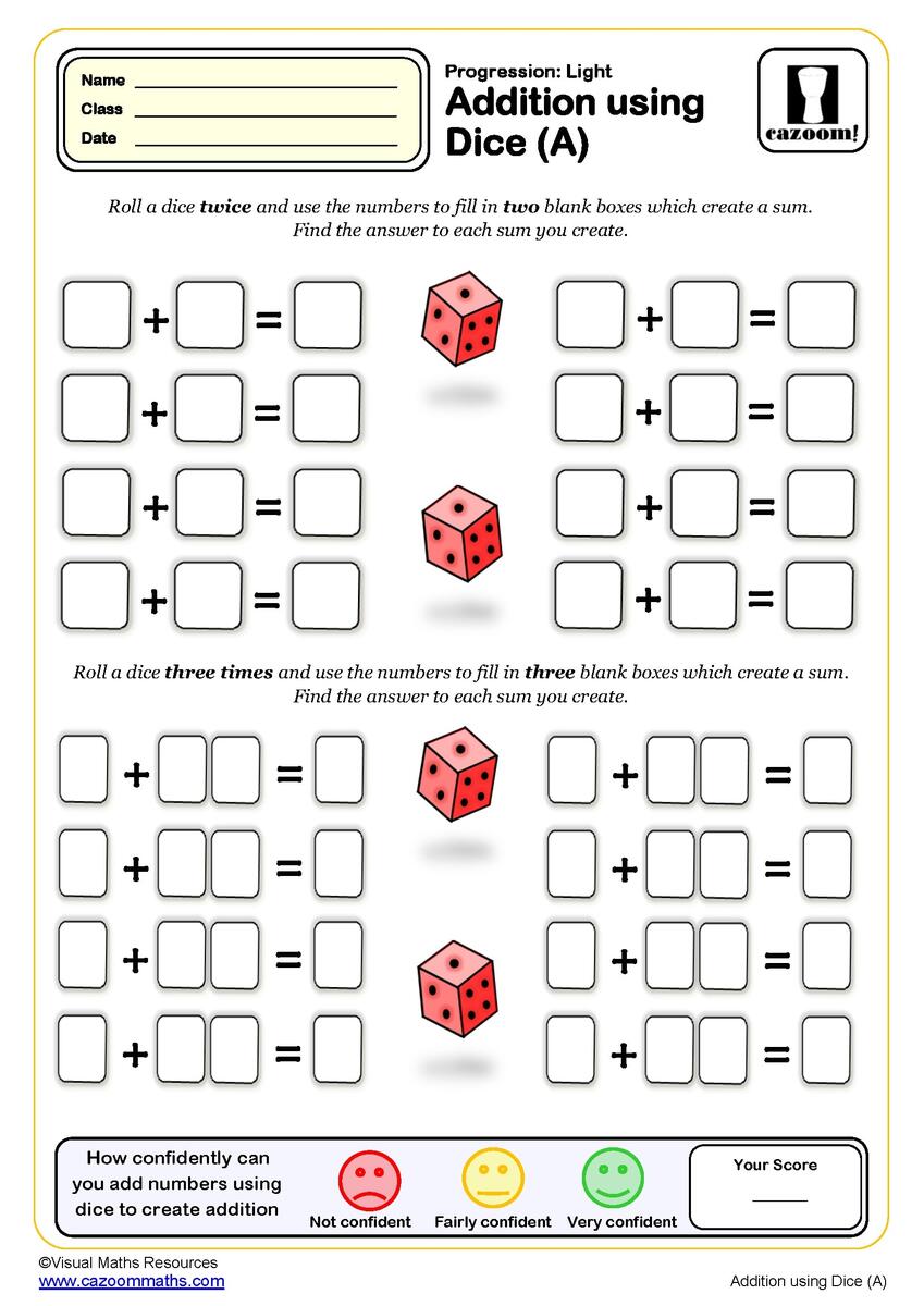 Dice Addition Maths Worksheet Etsy