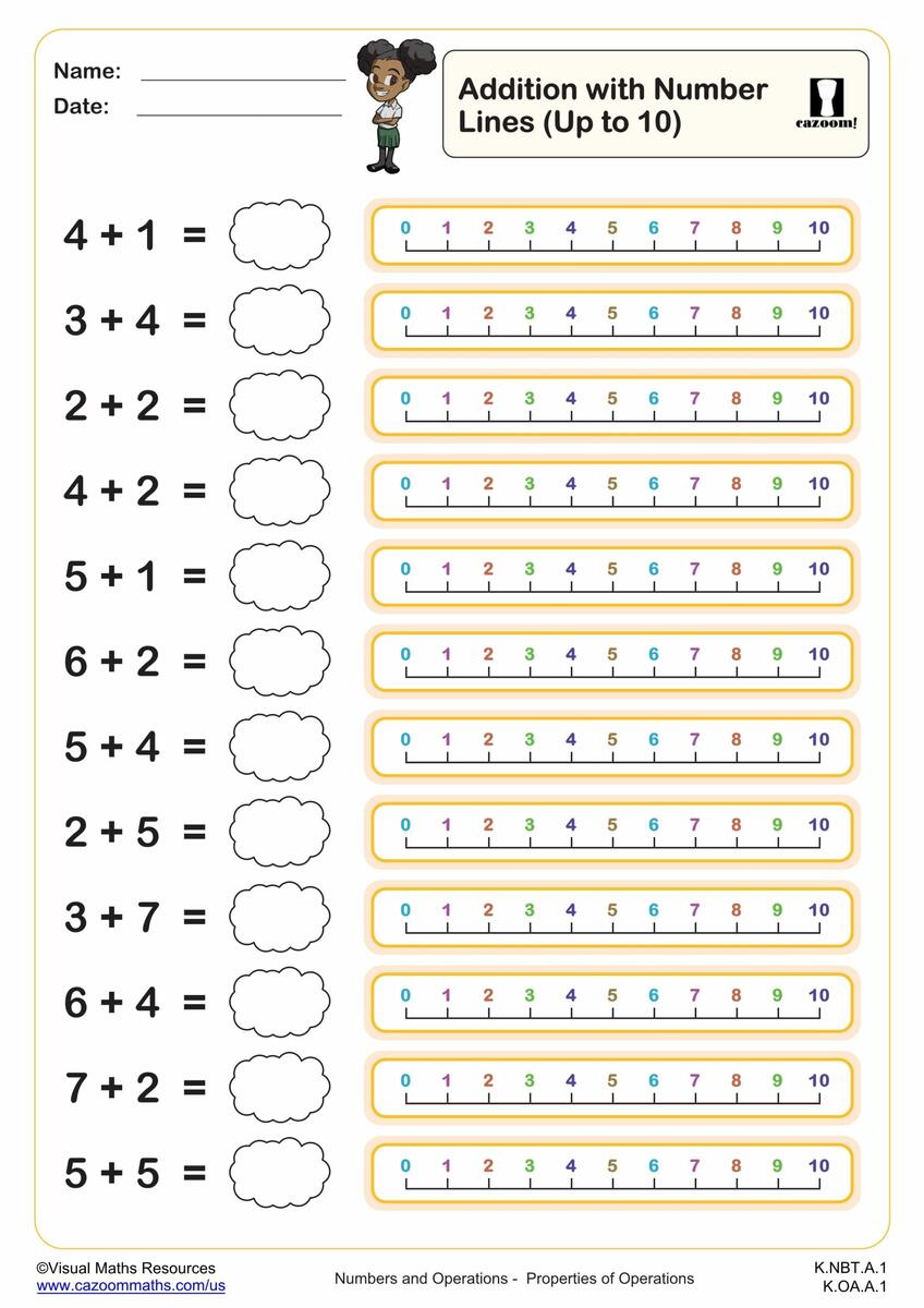 Addition With Number Lines Up To 10 K Grade PDF Addition Worksheets Cazoom Math