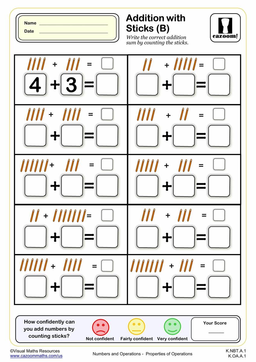 Addition With Sticks A Fun And Engaging K Grade PDF Worksheets Cazoom Math Math Drill Addition Worksheet 3 Etsy Norway