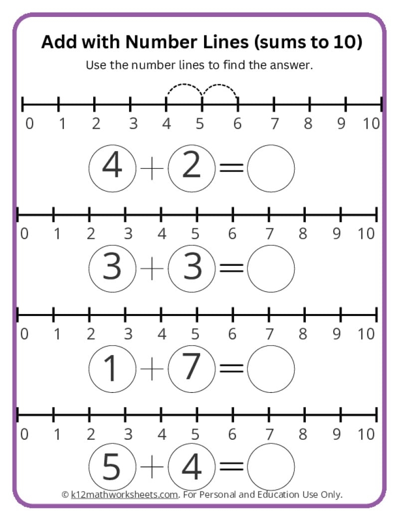 Addition With Number Lines Up To 10 K Grade PDF Addition Worksheets Cazoom Math