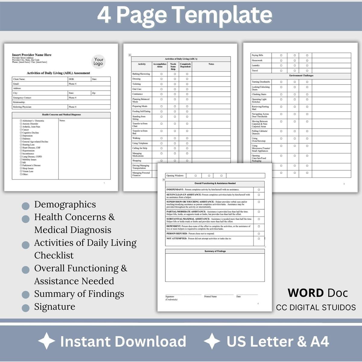 ADL Assessment Worksheet Occupational Therapy Evaluation Form Editable WORD Template Etsy