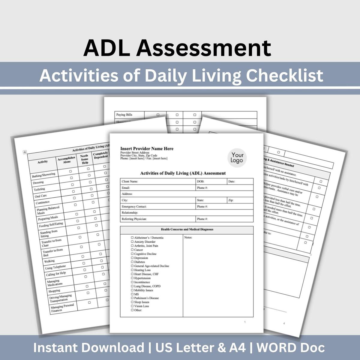 ADL Assessment Worksheet Occupational Therapy Evaluation Form Editable WORD Template Etsy