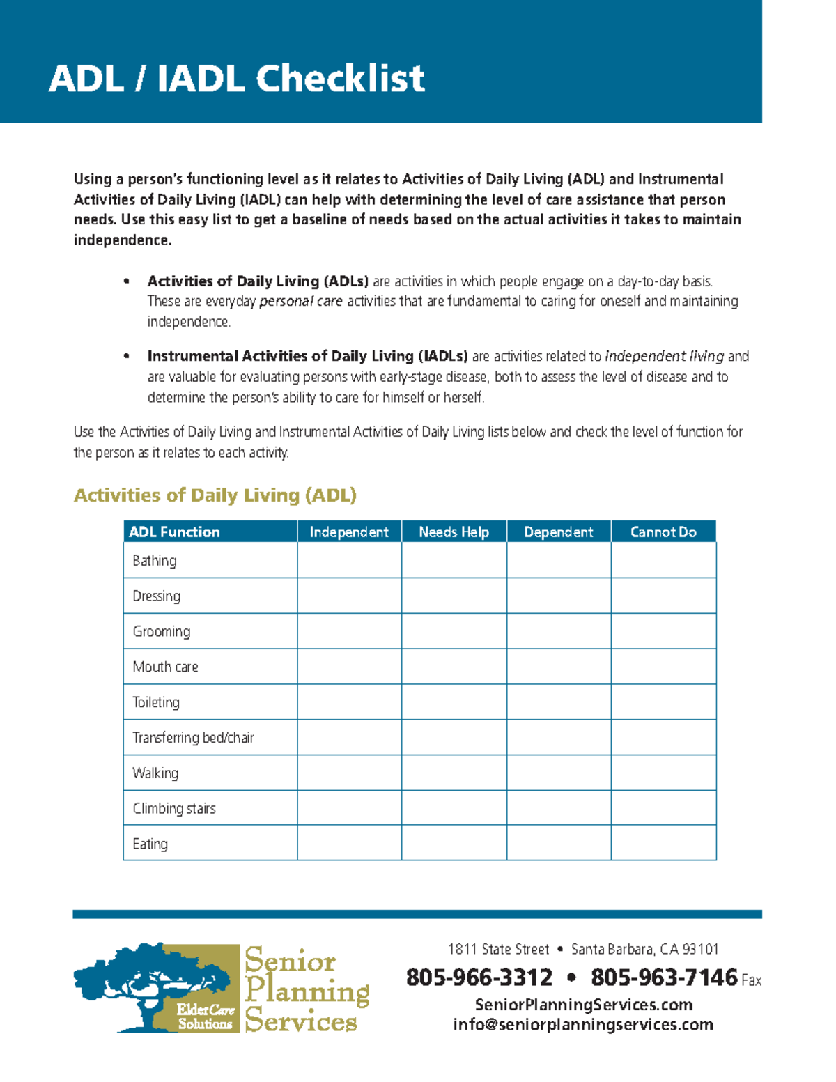 ADL IADL Checklist For Assessing Care Needs In Seniors Studocu
