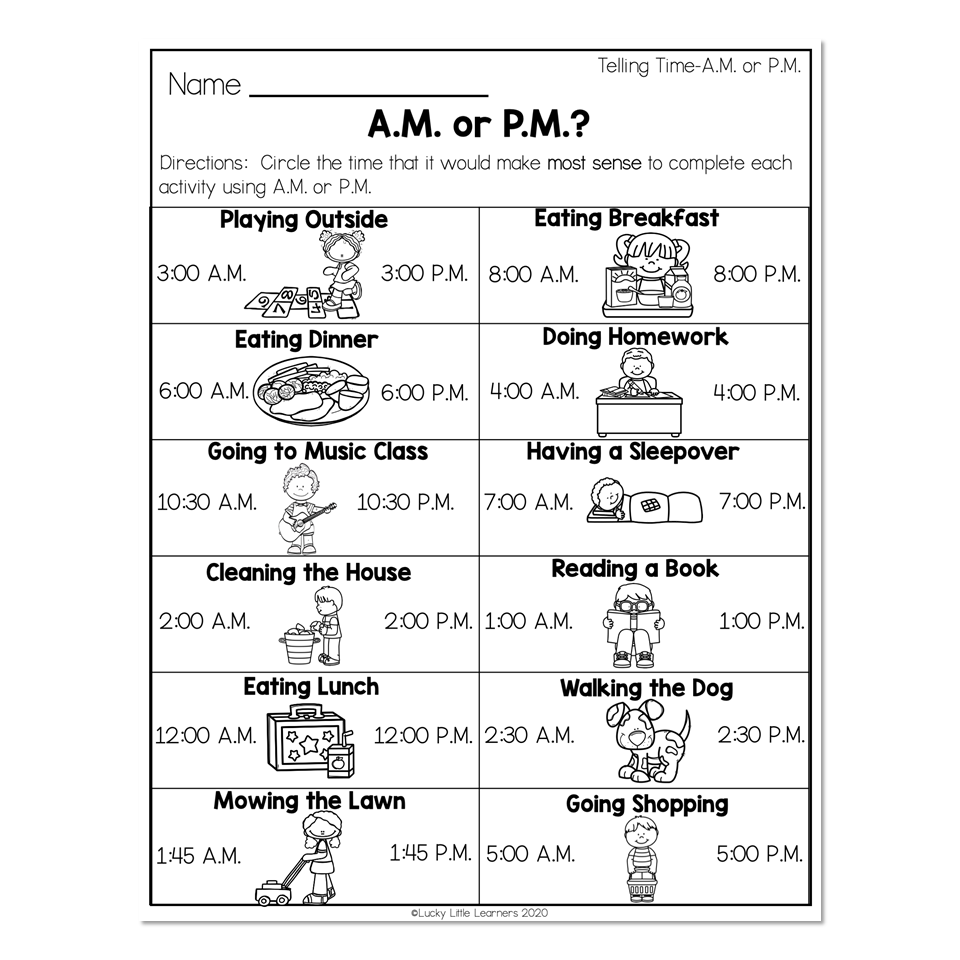 AM PM Time Worksheets For Grade School Students