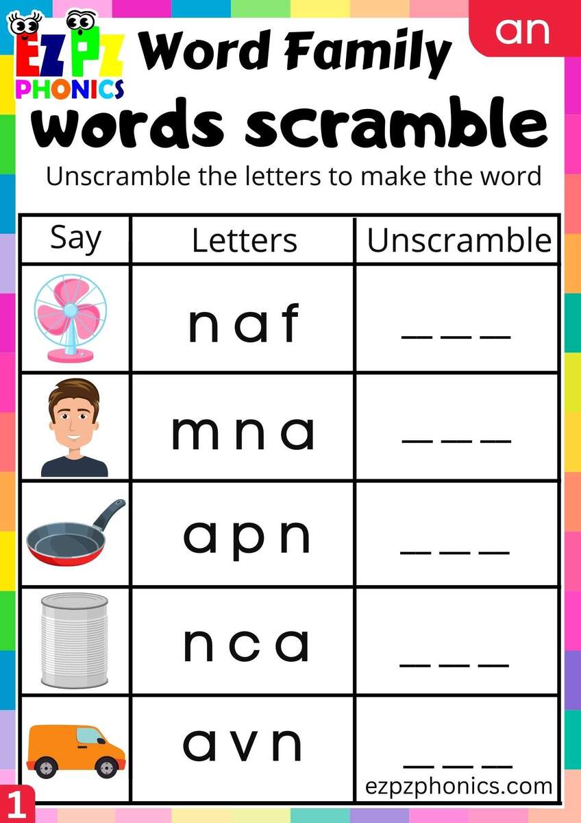 AN Words Words Scramble Phonics Word Families Worksheet Ezpzphonics Aw Word Family Writing Words Worksheet KidzeZone