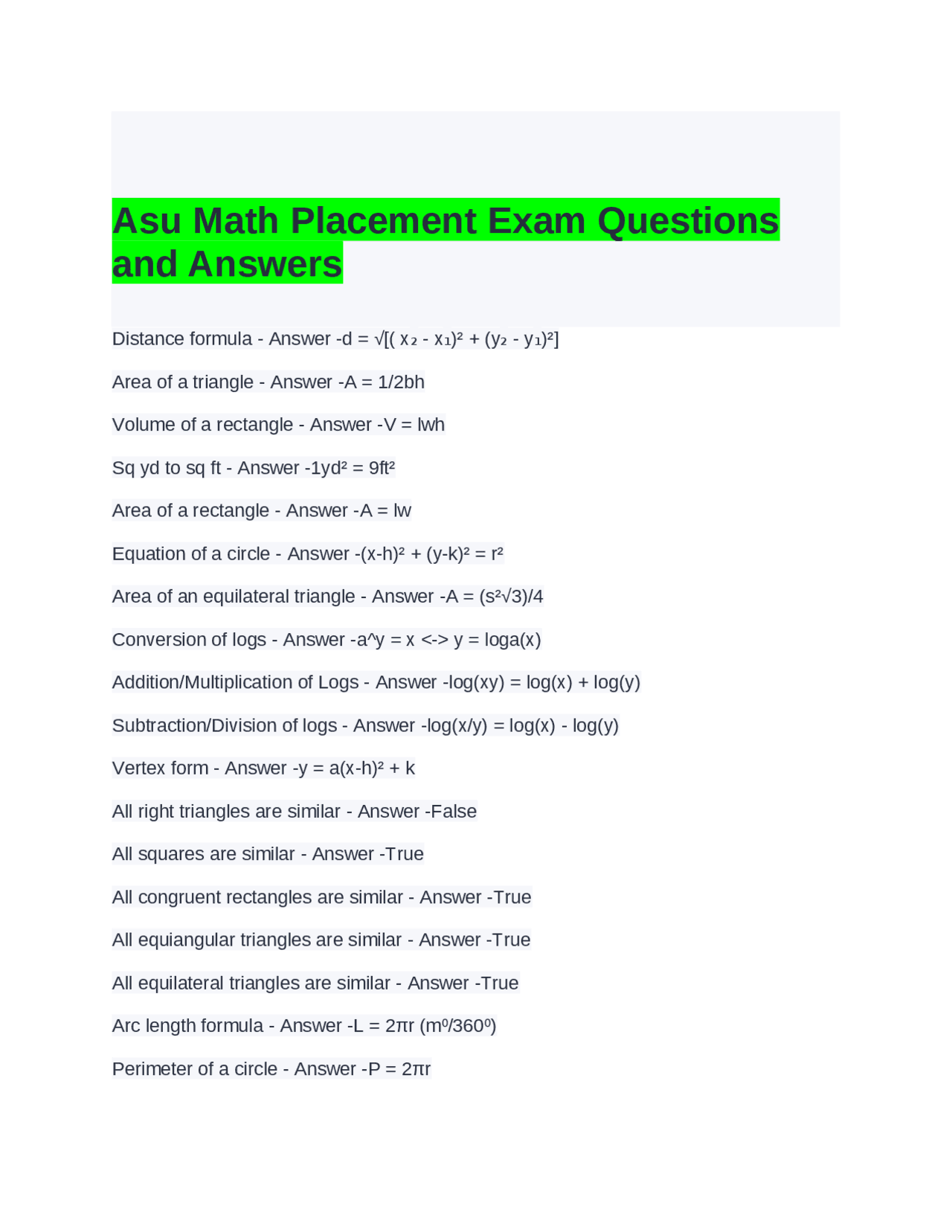 ASU Math Placement Exam Formulas And Concepts Exams Mathematics Docsity ASU Math Placement Exam Formulas And Concepts Exams Mathematics Docsity