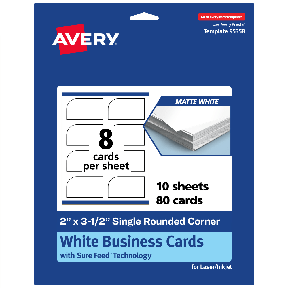Avery Printable Rounded Corner Business Cards With Sure Feed Technology Print To The Edge 2 X3 5 Matte White Pack Of 200 Office Depot