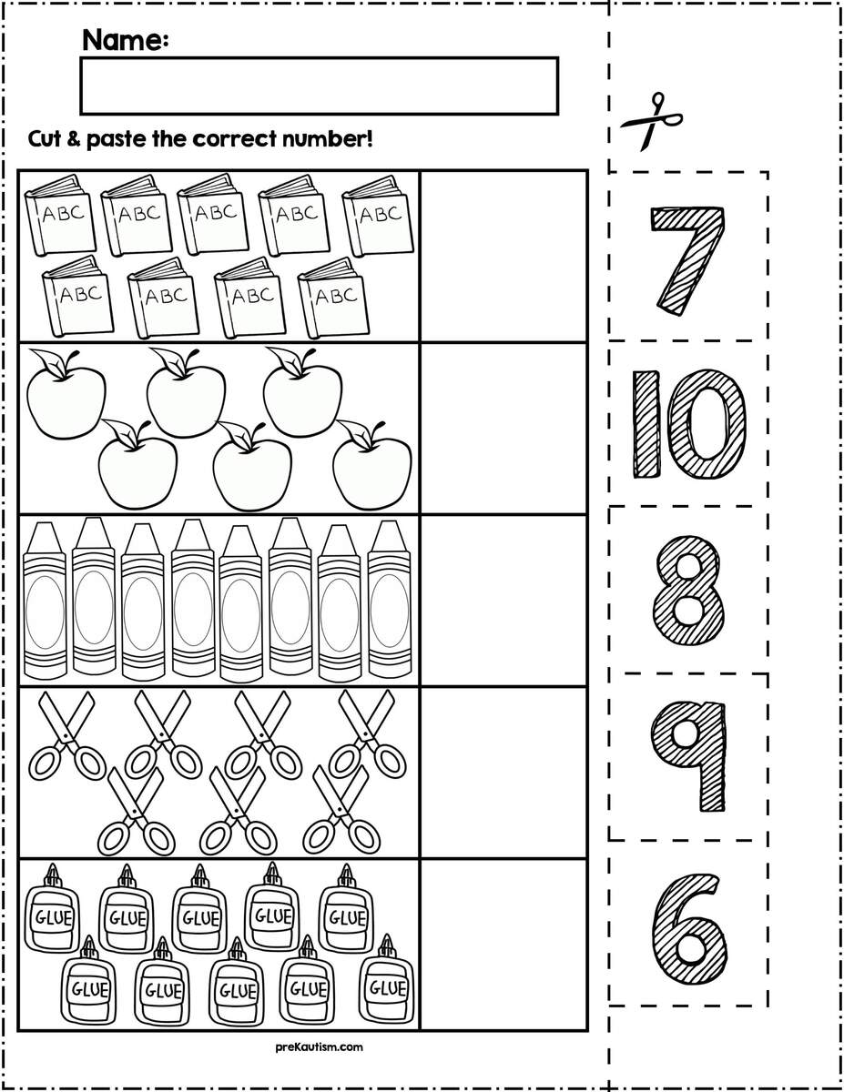 Back To School Cut Match Worksheets Numbers 6 10 By PreKautism Free Printable Kindergarten Counting Worksheets Happy Toddler Playtime