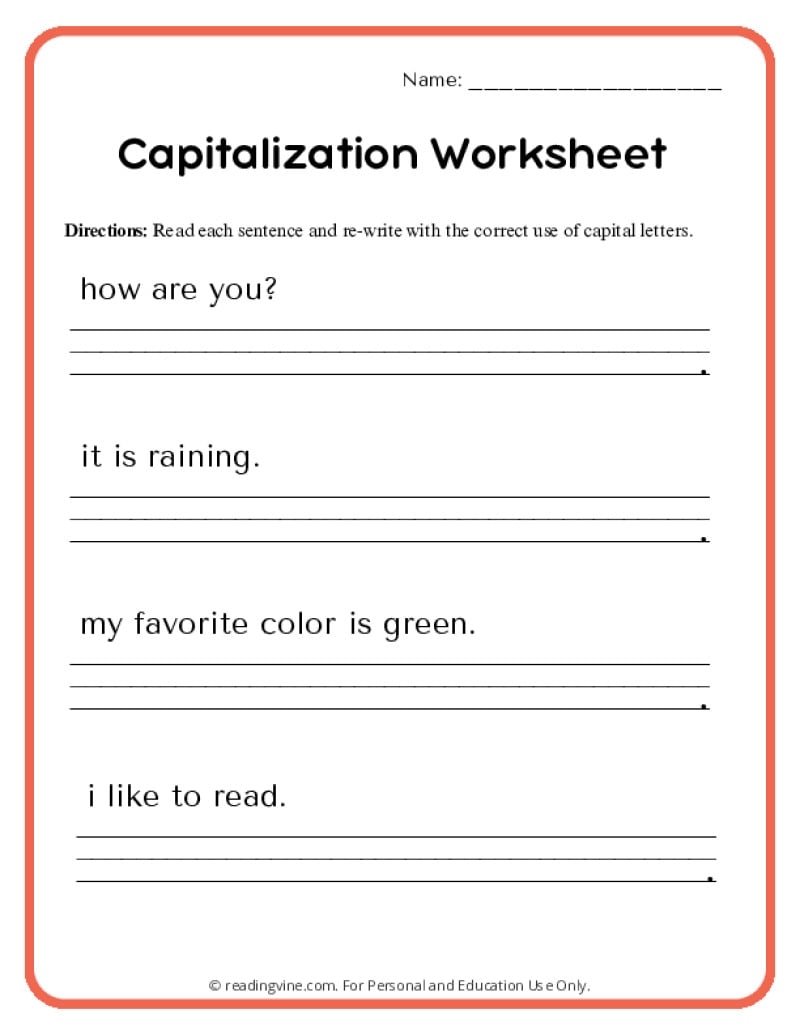 Capitalization Worksheets ReadingVine