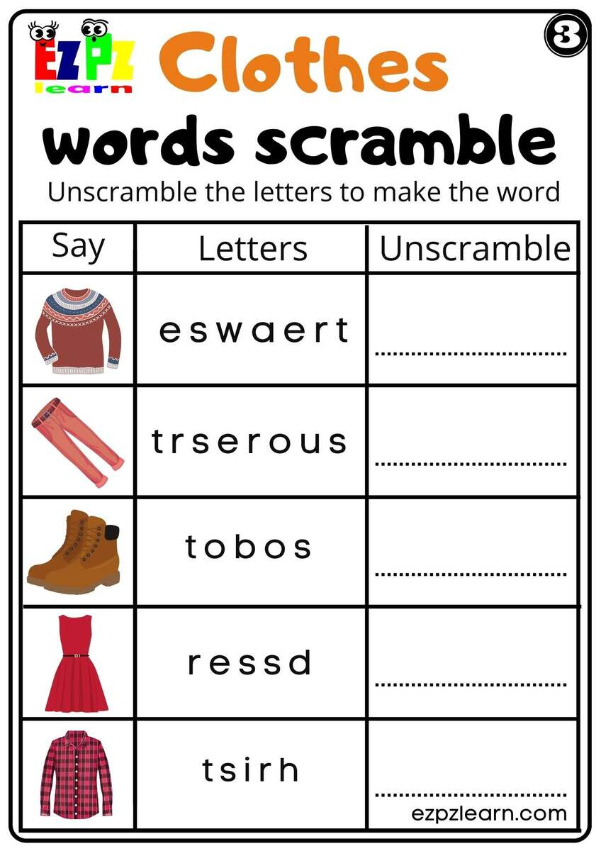 Clothes Word Scramble Worksheet For Kindergarten K5 And ESL Set 3 Ezpzlearn Clothes Word Scramble Worksheet For Kindergarten K5 And ESL Set 3 Ezpzlearn
