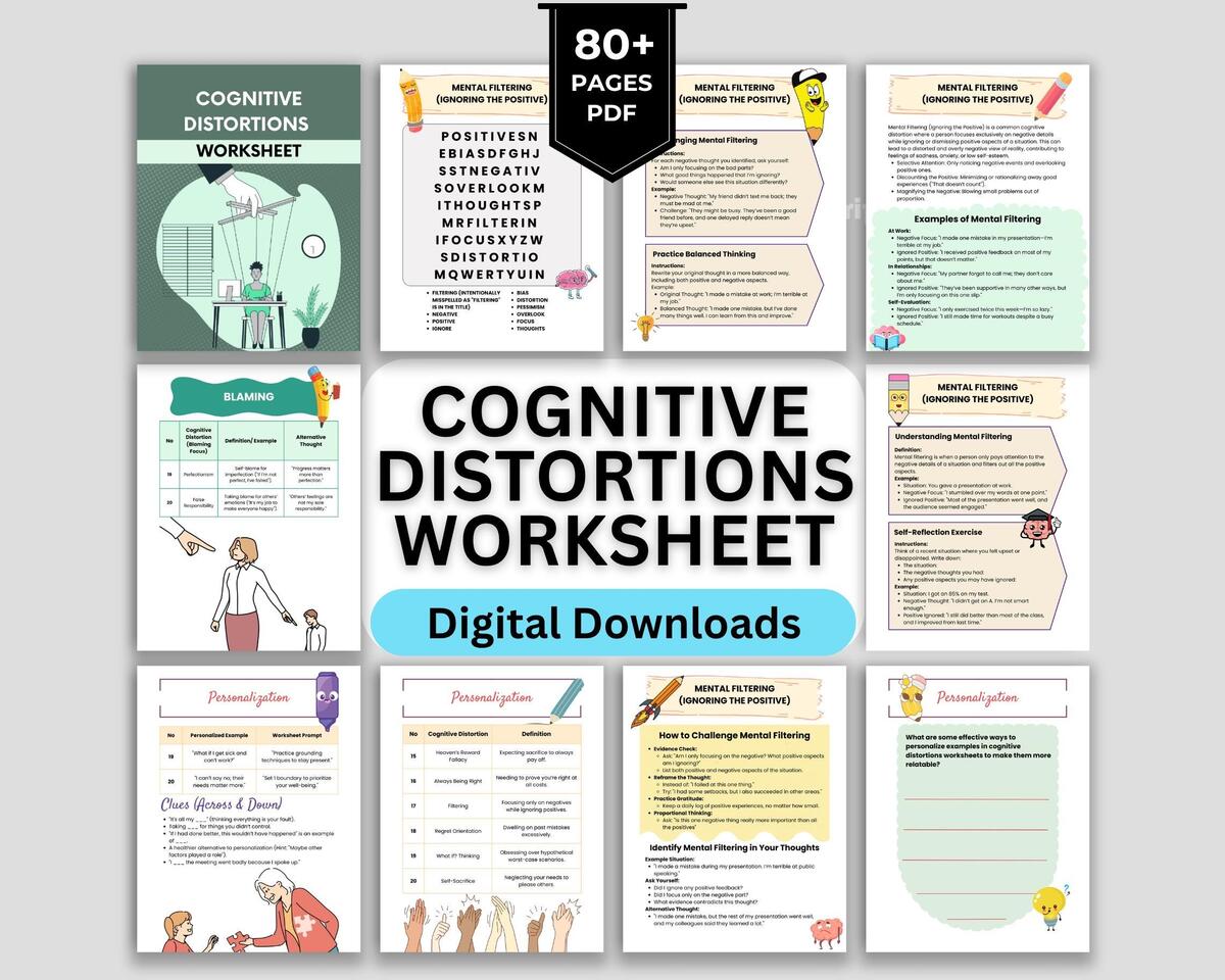 CBT Cognitive Distortions Worksheets Unhelpful Thinking Styles Thinking Errors Guide Etsy