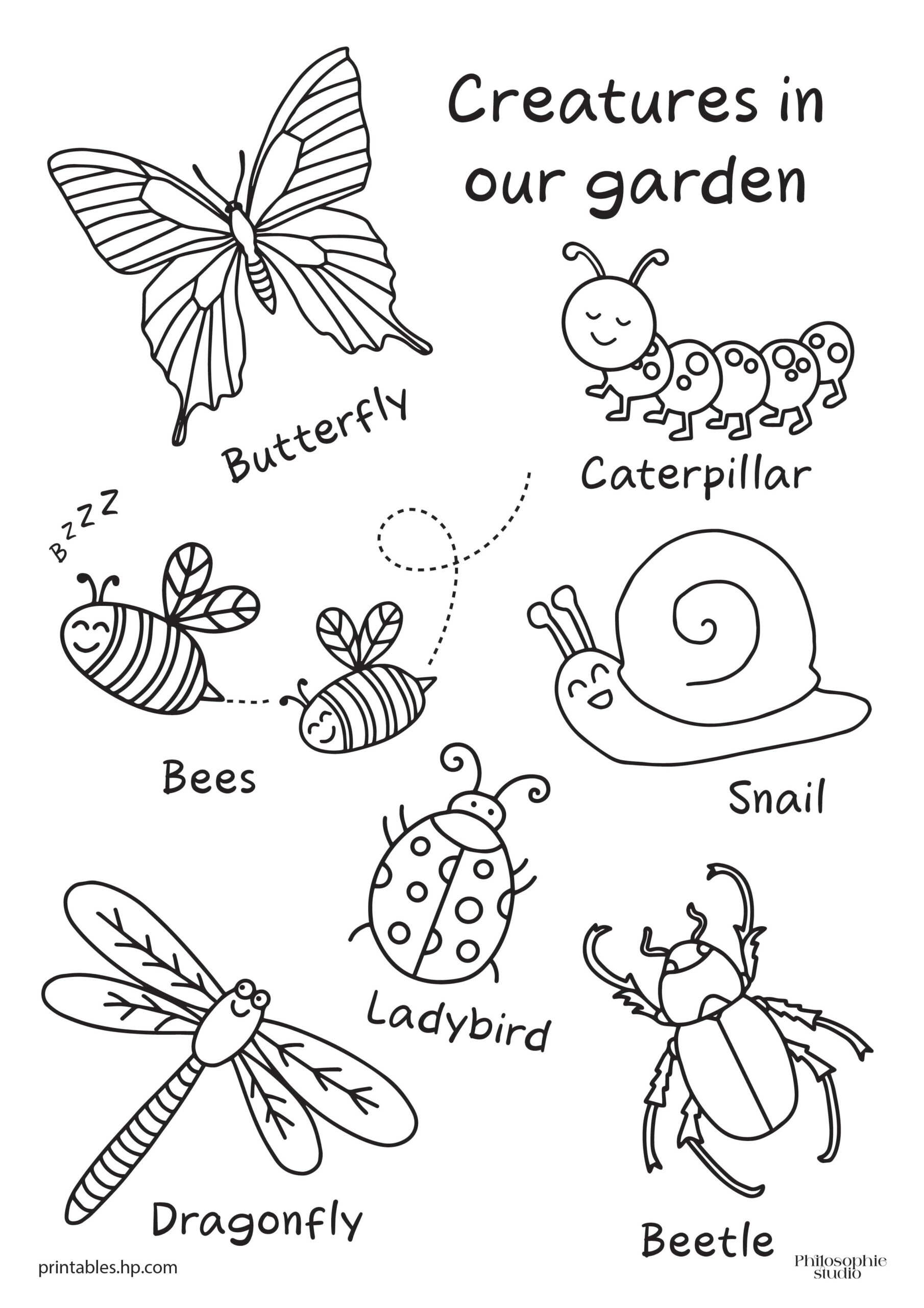 Coloring For Kids Creatures In Our Garden Printables Free Coloring Pages Learning Worksheets HP Official Site