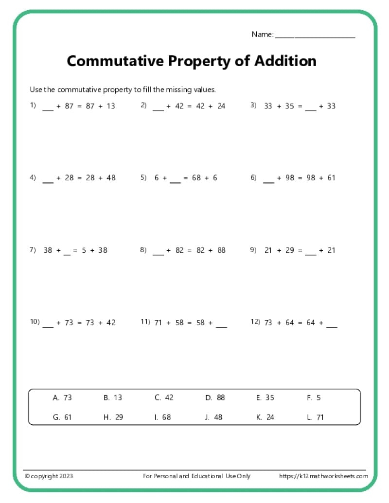 Commutative Property Of Addition Worksheets Commutative Property Of Addition Worksheets