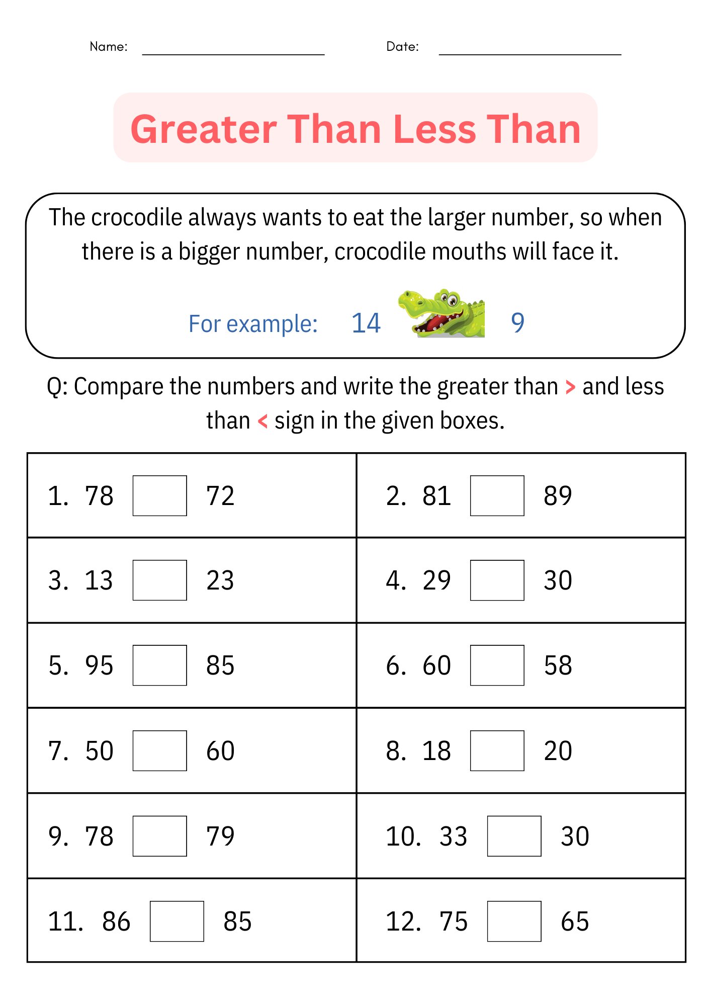 Comparing Numbers To 100 Greater Than Less Than Worksheets For Kindergarten Made By Teachers 30 Printable Greater Than Less Than Equal To Worksheets Preschool 3rd Grade Math Etsy