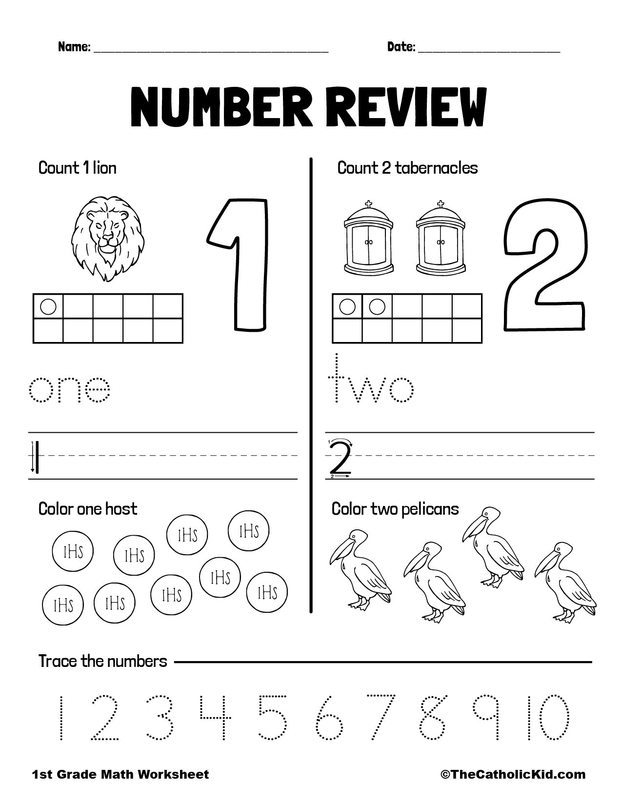Counting Review Numbers 1 And 2 1st Grade Math Worksheet Catholic TheCatholicKid