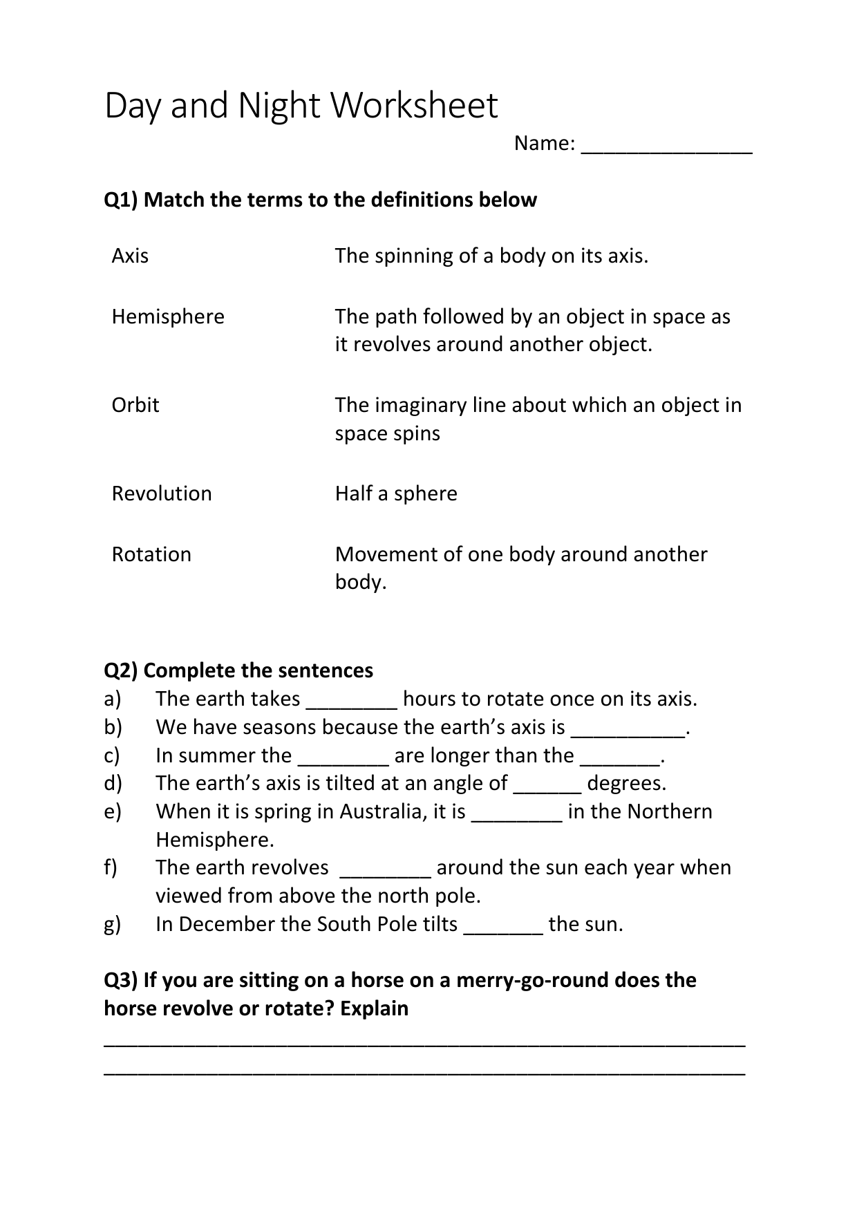 Day And Night Worksheet Earth Science Basics