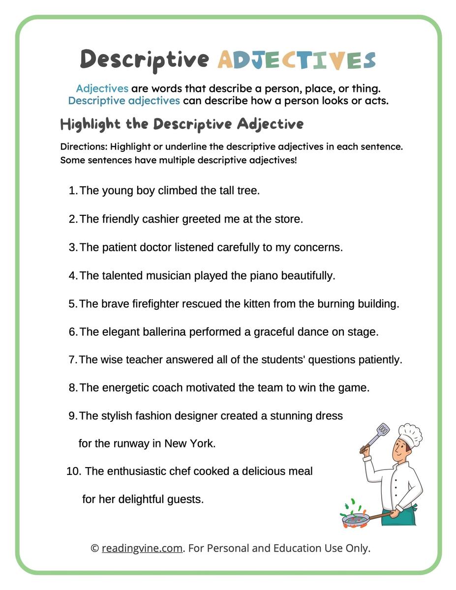 Descriptive Adjectives Worksheets ReadingVine Adjectives Worksheets Regular Adjectives Worksheets