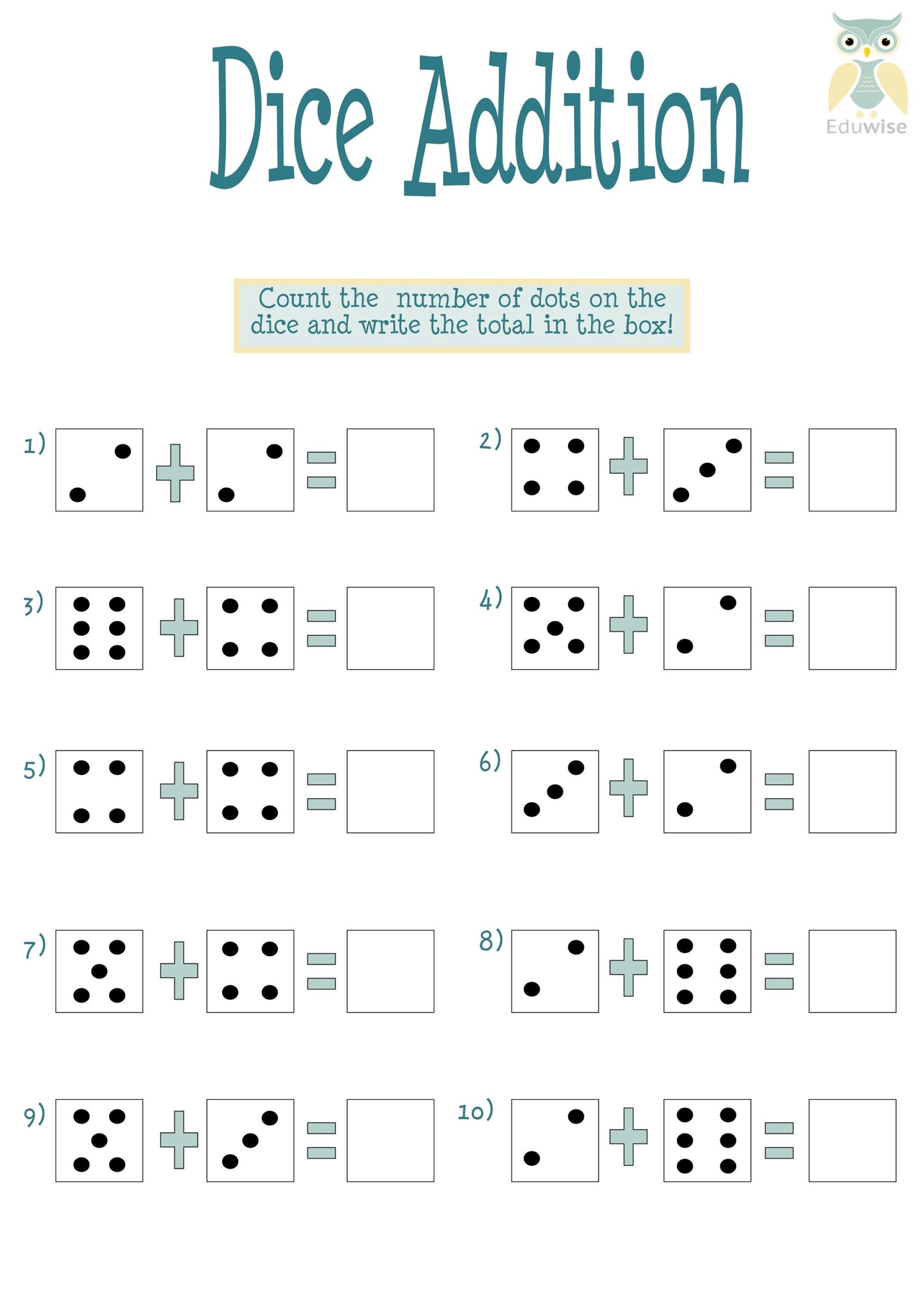 Dice Addition Maths Worksheet Etsy