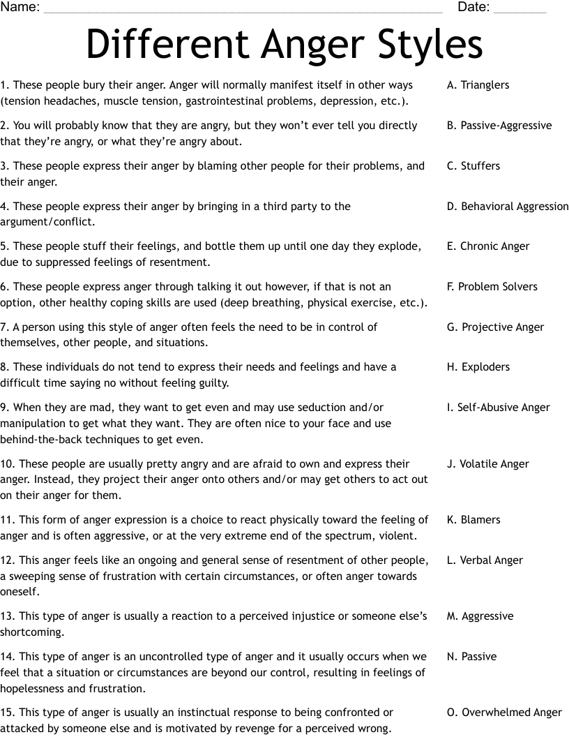 Different Anger Styles Worksheet WordMint