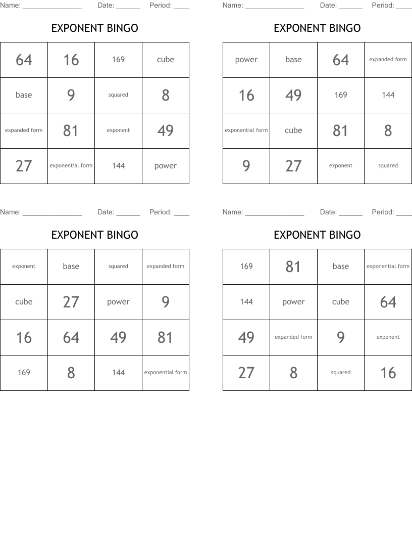 EXPONENT BINGO WordMint EXPONENT BINGO WordMint