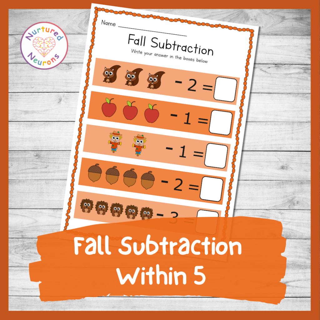 Fall Subtraction Within 5 Worksheet Preschool And Kindergarten Math Printable Nurtured Neurons Fall Math Worksheets For Kindergarten Preschool 1st Grade