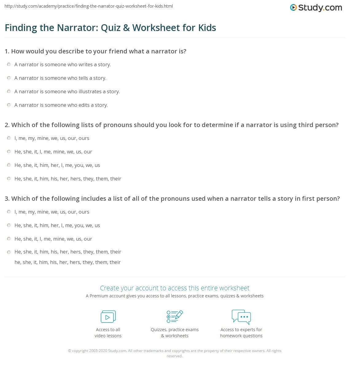 Finding The Narrator Quiz Worksheet For Kids Study